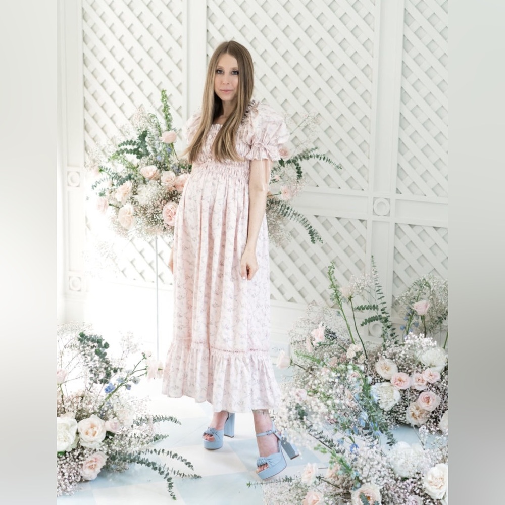 Antonio Melanie Born on Fifth pink floral short sleeve smocked A-line midi dress